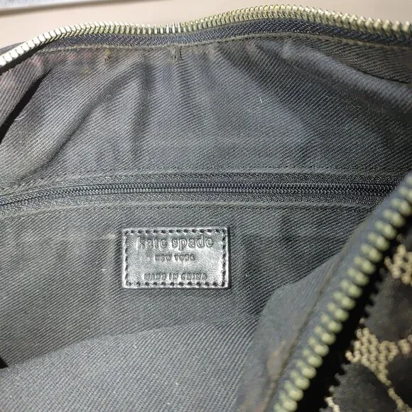 Kate Spade Should Bag New York Black Beige Canvas Leather Patterned Shoulder - Picture 2 of 8